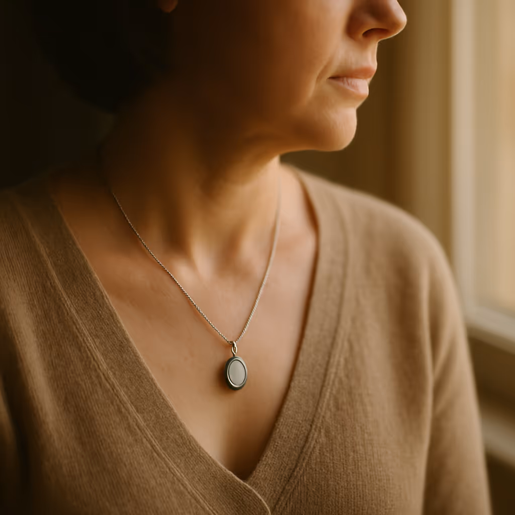 Se observa un collar relicario en el cuello de una mujer.