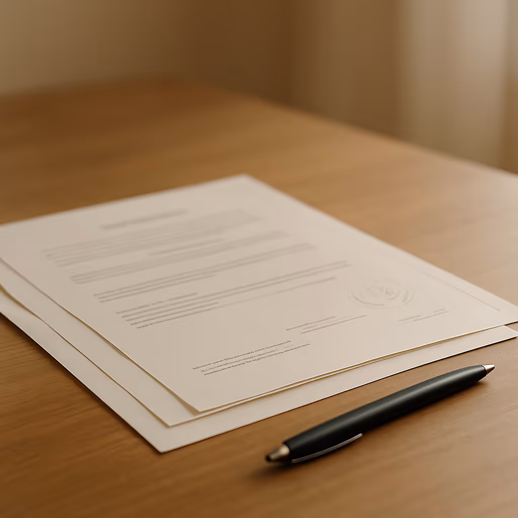 Documentos y un bolígrafo sobre una mesa de madera.