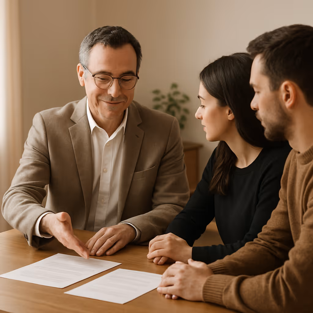 Un asesor explica a personas sobre el procedimiento para tramites de cremación.