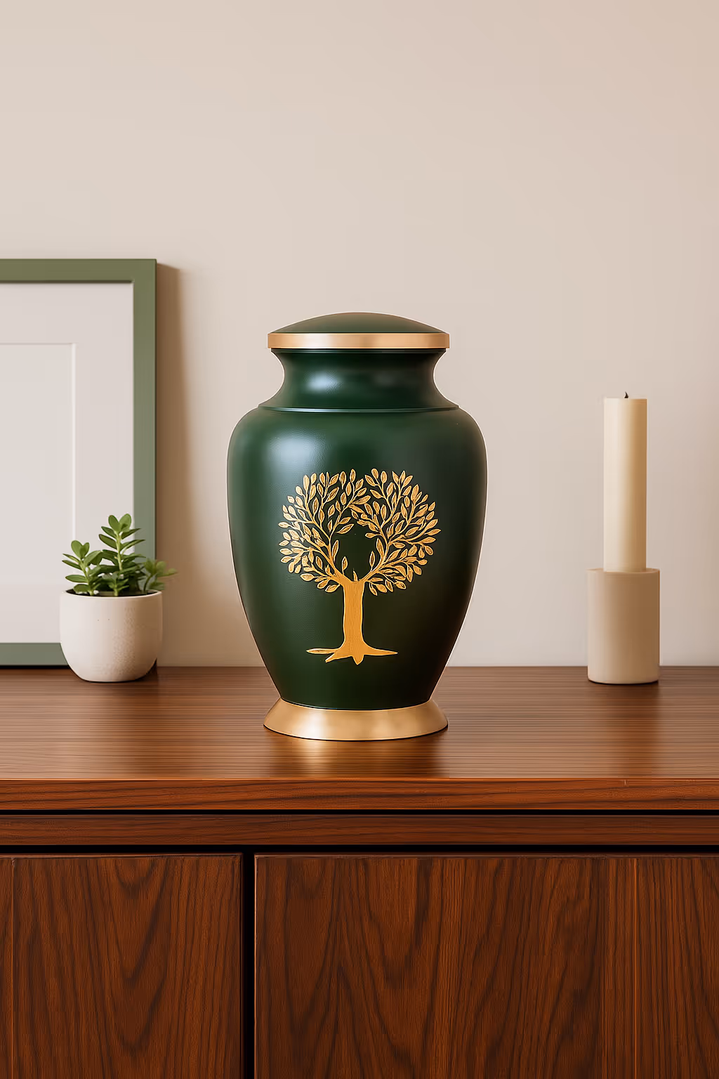 Un ánfora verde con grabados dorados del árbol de la vida celta.