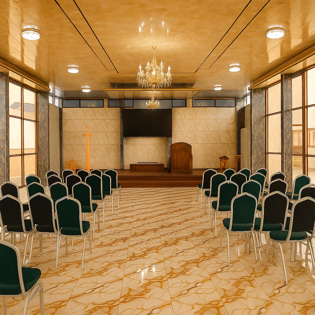 Sala de ceremonia con sillas elegantes y un ambiente de paz para despedir a un ser querido.