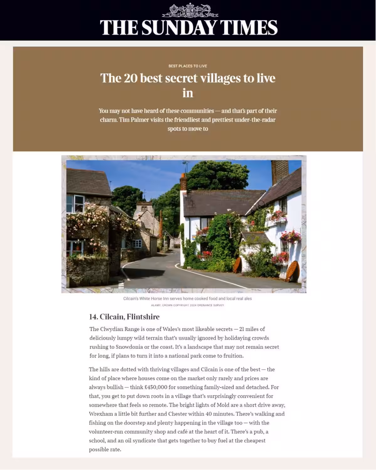 Article from The Sunday Times titled 'The 20 best secret villages to live in' featuring an image of a quaint village street with stone cottages, flowering plants, and a clear blue sky.