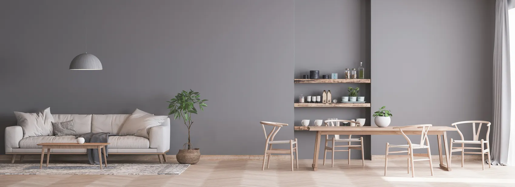 Scandinavian-style home renovation with open-concept living and dining space, light wood furniture, gray walls, floating shelves, and minimalist design in Ontario