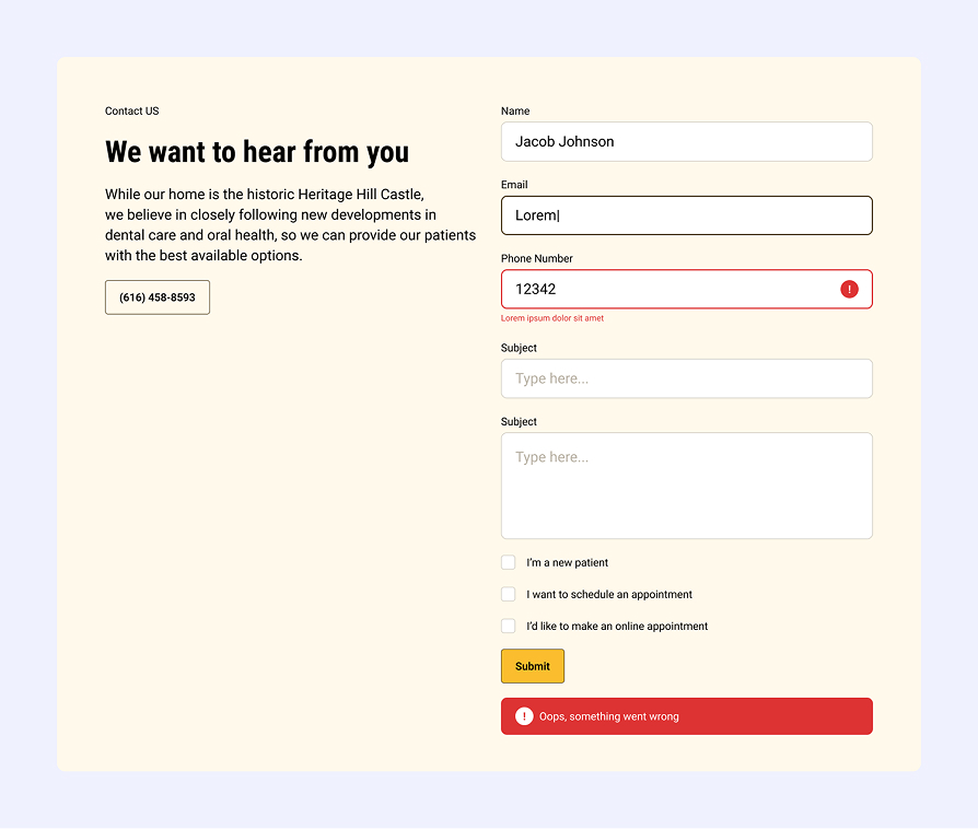 Contact form with fields for name, email, phone number, and two subject text areas; phone number field shows error with red outline and message; checkboxes for new patient, scheduling appointment, and online appointment; submit button and an error message bar at the bottom.