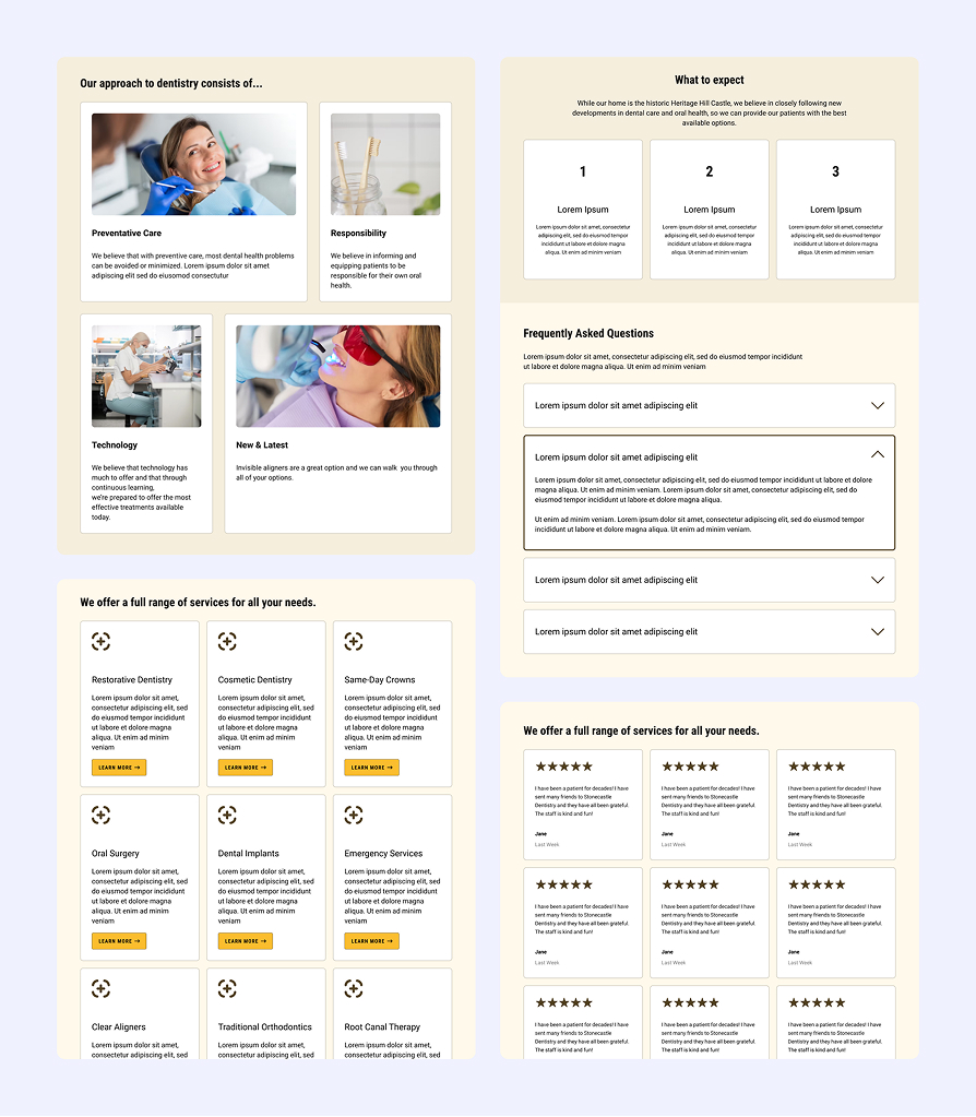 Website layout showing dentistry services and approach, including preventative care, technology, restorative and cosmetic dentistry, with sections for what to expect and FAQs.
