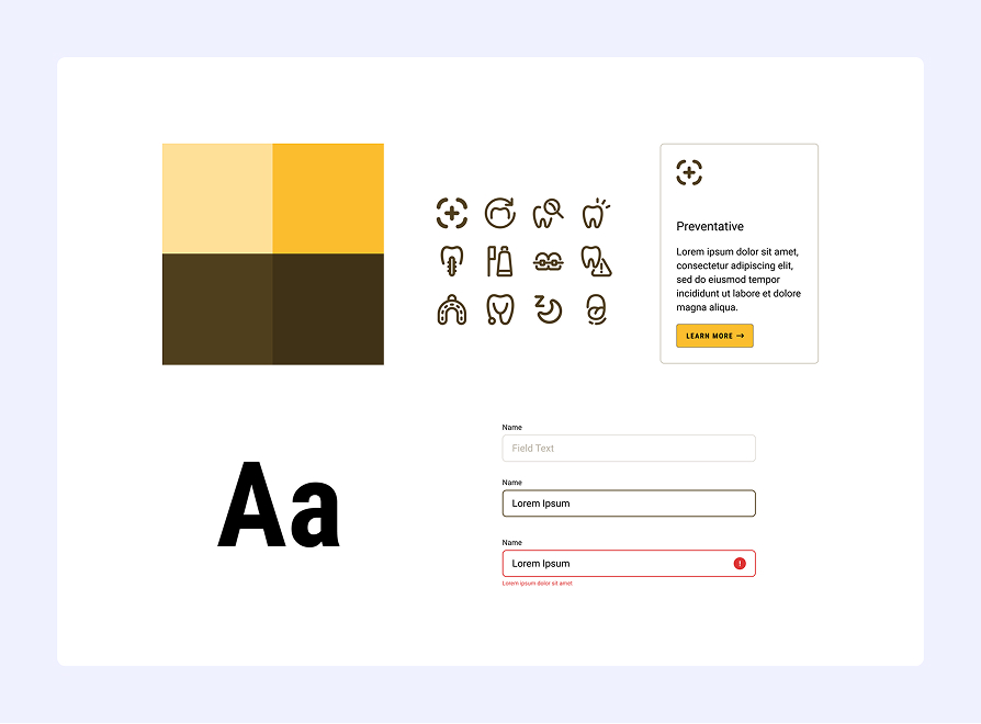 UI design elements showing a color palette of four square shades of yellow and brown, twelve brown dental-themed icons, a text card titled 'Preventative' with placeholder text and a yellow 'Learn More' button, large black 'Aa' typography sample, and three text input fields labeled Name including placeholder, normal filled, and error state with red border and icon.
