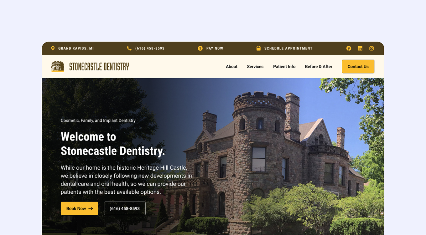 Historic stone castle building with turrets and greenery, homepage of Stonecastle Dentistry with navigation and contact options.