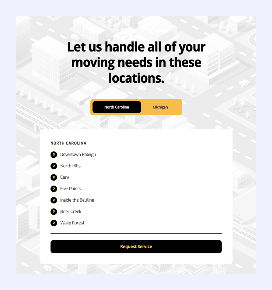 Moving service locations with a highlighted tab for North Carolina listing areas like Downtown Raleigh, North Hills, Cary, and others, with a request service button.