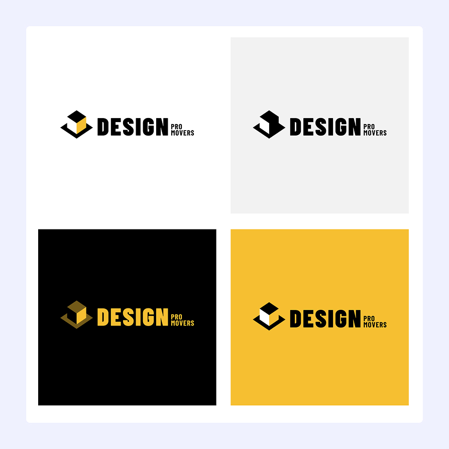 Four variations of a 'Design Pro Movers' logo featuring a cube and open box graphic with bold text in black, yellow, and white backgrounds.