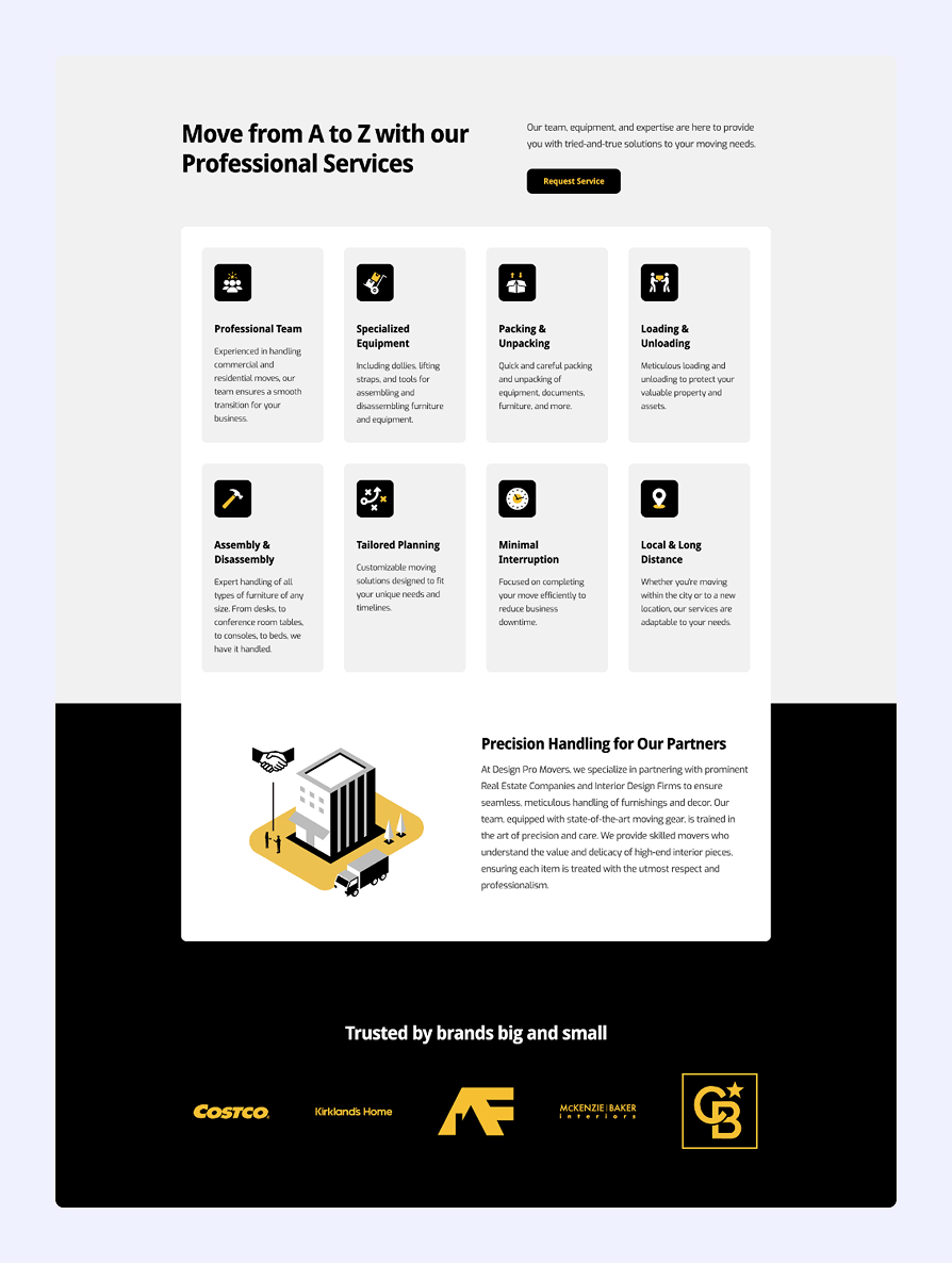 Webpage section detailing professional moving services including team, equipment, packing, loading, assembly, planning, interruption, and distance, with partner precision handling description and logos of trusted brands at the bottom.