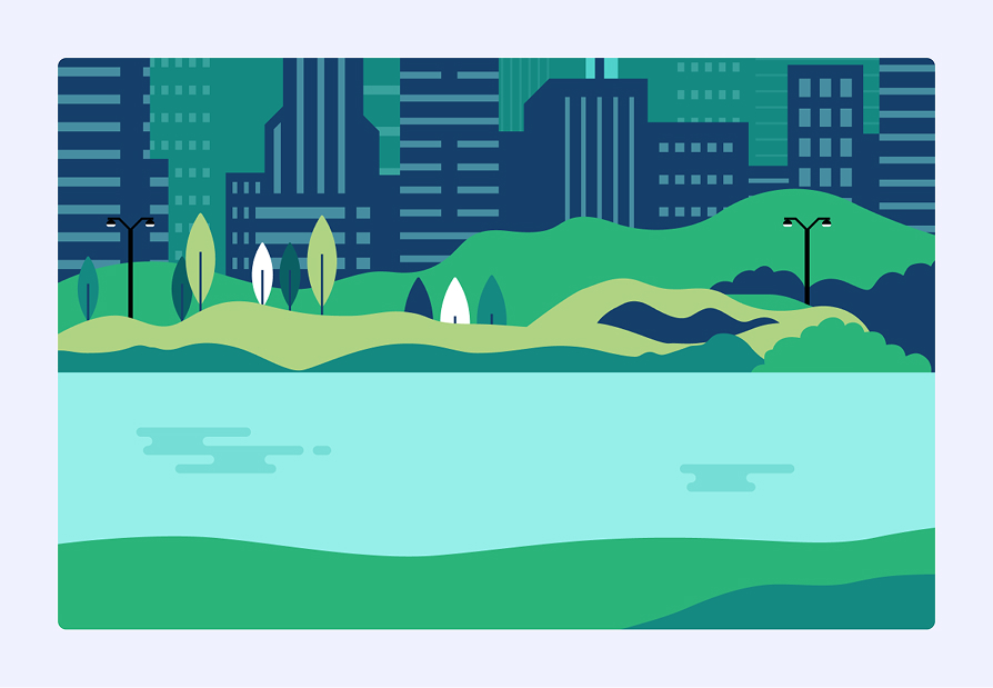 Illustration of a city skyline behind green hills and trees, with a river in the foreground.