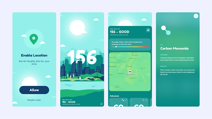 User interface screens for an air quality app showing location permission, Air Quality Index of 156 labeled 'Good' in New York, map with pollution levels, and information about carbon monoxide.