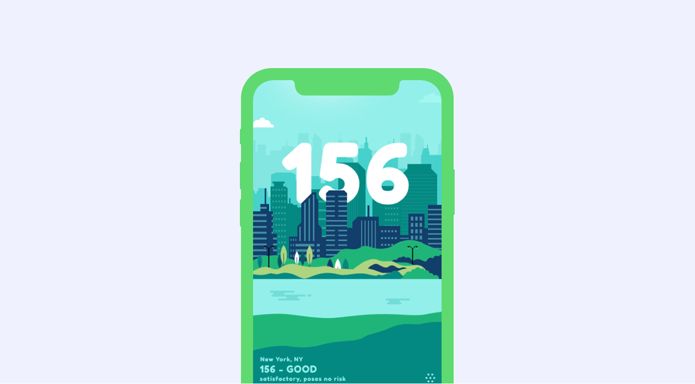 Smartphone screen displaying an air quality index of 156 in New York, categorized as good with no risk, over a cityscape illustration.