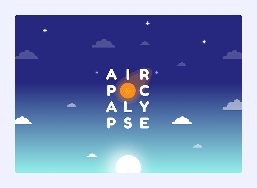 Stylized night sky with stars, clouds, and a glowing orange sun shape forming the word Airpocalypse.