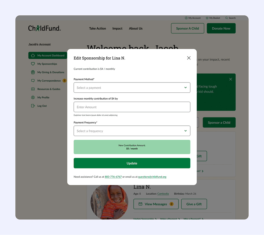 ChildFund account page showing an Edit Sponsorship popup for Lina N. with options to select payment method, increase monthly contribution, select payment frequency, and update contribution amount.