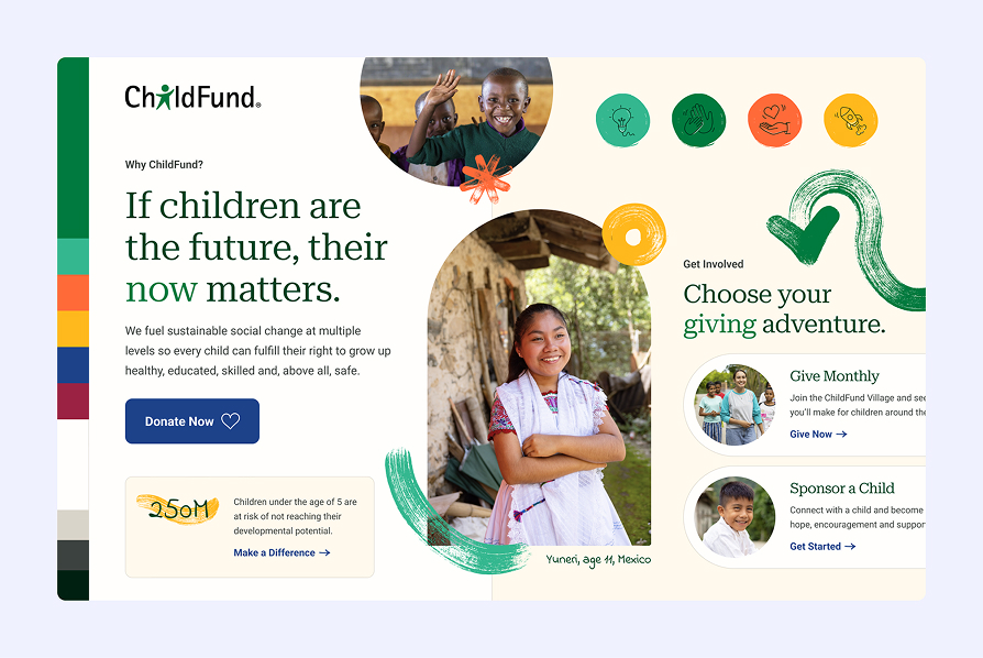 ChildFund webpage showing two smiling children, advocacy for children's rights and options to give monthly or sponsor a child.