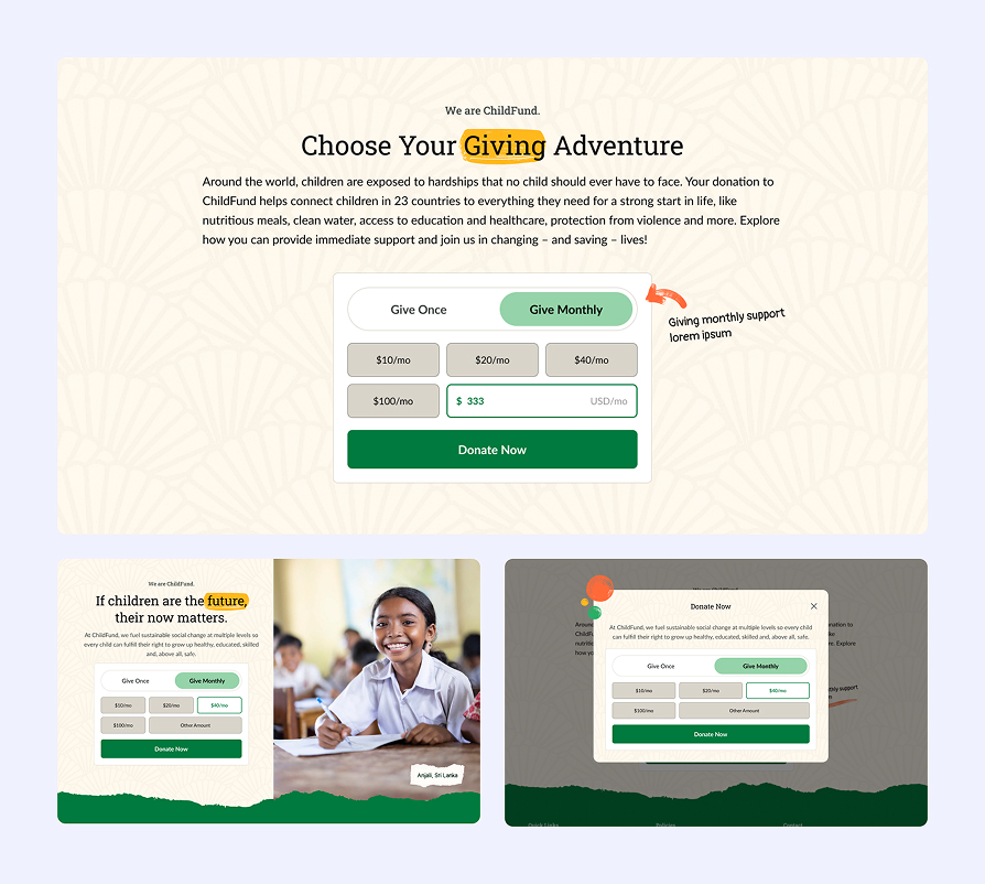 ChildFund donation page showing options to give once or monthly with preset amounts and custom donation field, alongside a smiling student in a classroom, emphasizing support for children's futures.