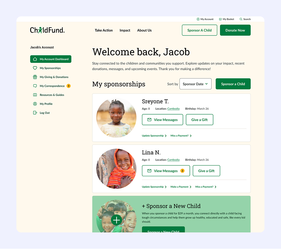ChildFund website dashboard showing sponsorships for two children aged 8 from Cambodia with options to view messages, give a gift, update sponsorships, and sponsor a new child.