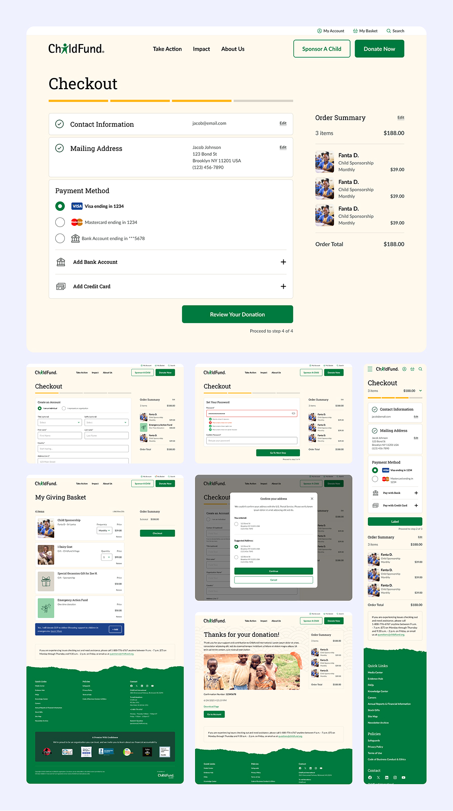 ChildFund online donation checkout page showing contact info, mailing address, payment methods, and order summary for sponsoring child Fanta D. with a $188 total.