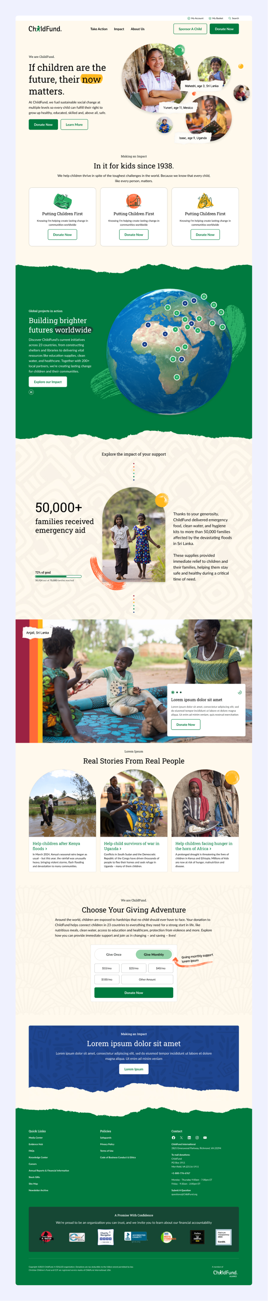 ChildFund homepage showing children from different countries, a globe with project locations, emergency aid stats, real stories, and donation options.
