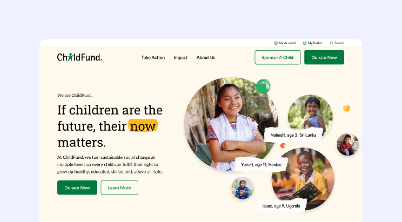 ChildFund webpage showing smiling children from different countries with text emphasizing the importance of children’s present.