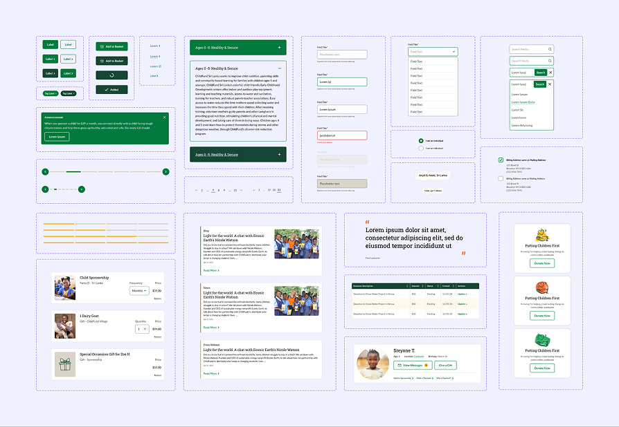 User interface design mockup showing various UI elements including buttons, forms, notifications, pagination, data tables, donation options, user profile card, and testimonial quote arranged in a grid layout with green and white color scheme.