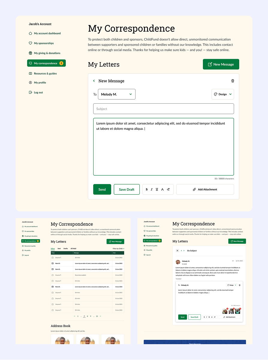 User interface of a 'My Correspondence' messaging section showing a new message form addressed to Melody M. with subject and message body fields, and side navigation menu including account dashboard, sponsorships, and correspondence.