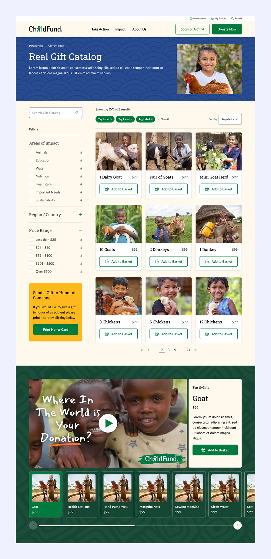 ChildFund Real Gift Catalog webpage showing options to sponsor animals including goats, donkeys, and chickens, with photos of children and animals and a video thumbnail asking 'Where In The World is Your Donation?'