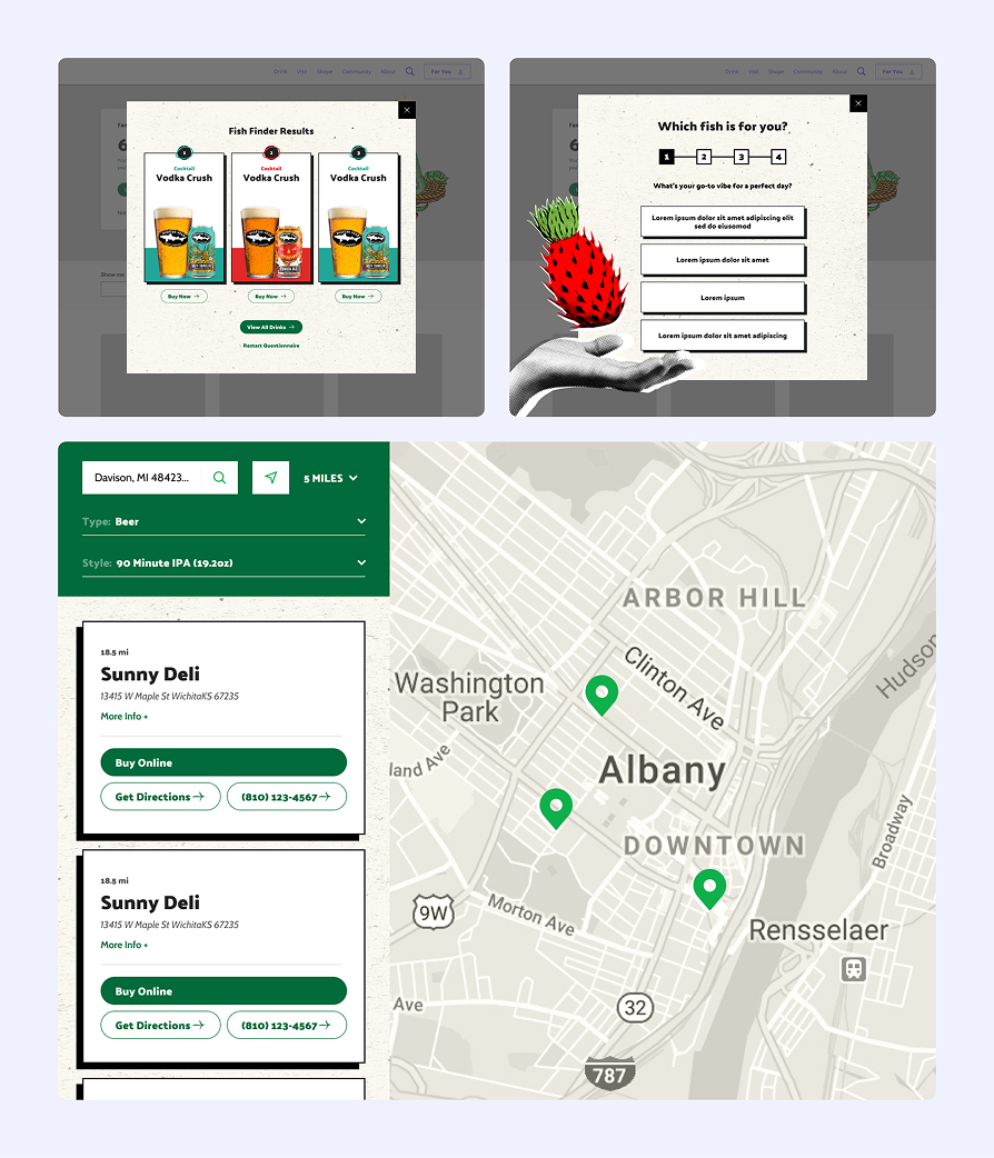 Collage showing a Fish Finder quiz with cocktail options, a question about preferred vibes for a perfect day, and a map of Albany with beer store listings and options to buy online or get directions.