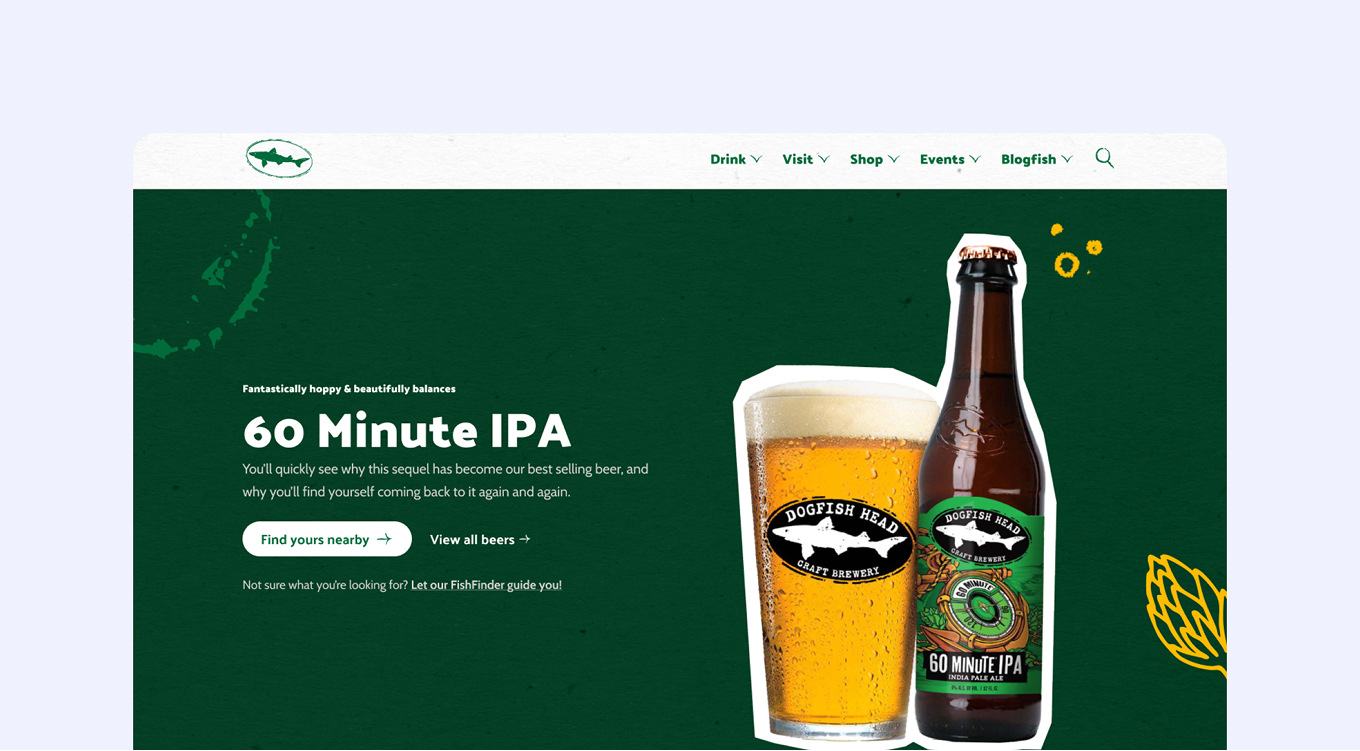 Dogfish Head 60 Minute IPA bottle and glass of beer with foam on a dark green background alongside text promoting the IPA.