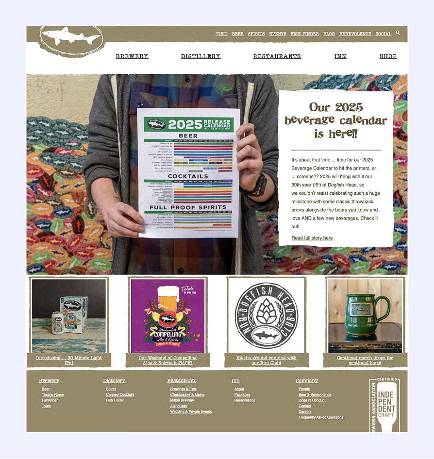 Person holding the Dogfish Head 2025 release beverage calendar showing beer, cocktails, and spirits schedules, with promotional text and product images below.