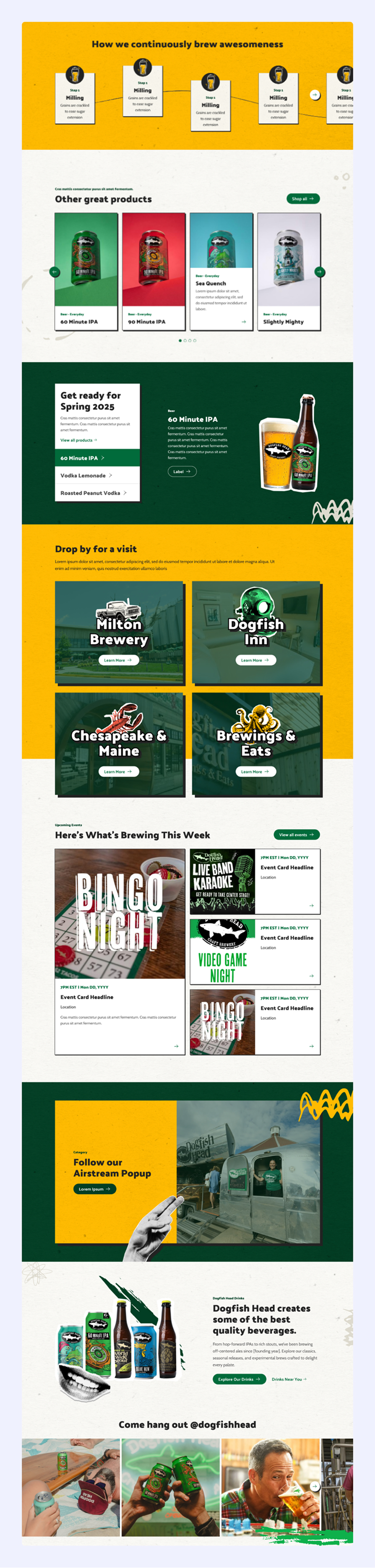 Dogfish Head brewery webpage displaying brewing process steps, product lineup, upcoming events, brewery locations, and promotional sections with images of beer cans, bottles, and people enjoying drinks.