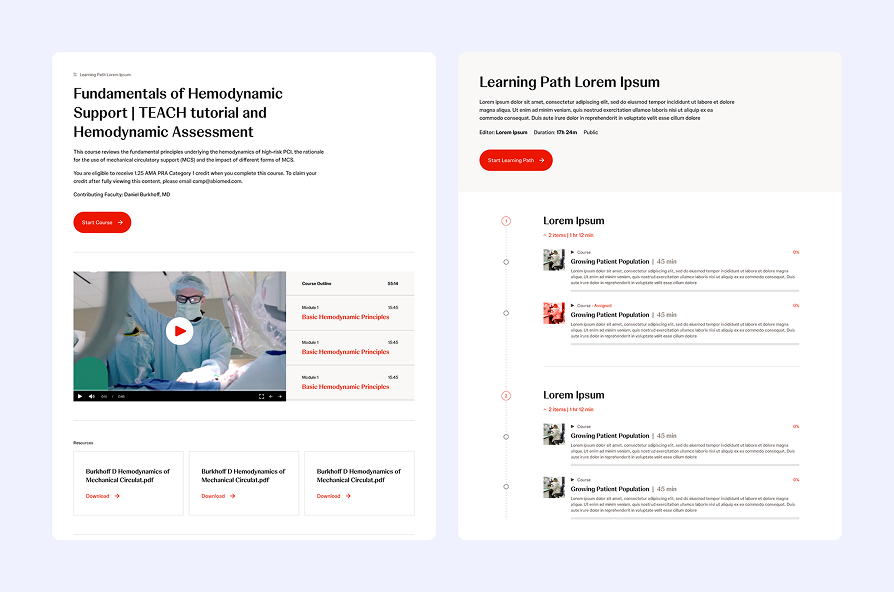 Two web pages side-by-side: left page titled 'Fundamentals of Hemodynamic Support | TEACH tutorial and Hemodynamic Assessment' includes course description, start button, video thumbnail with play button, and downloadable PDFs; right page titled 'Learning Path Lorem Ipsum' shows course progress with timeline, start button, course modules, and completion percentages.