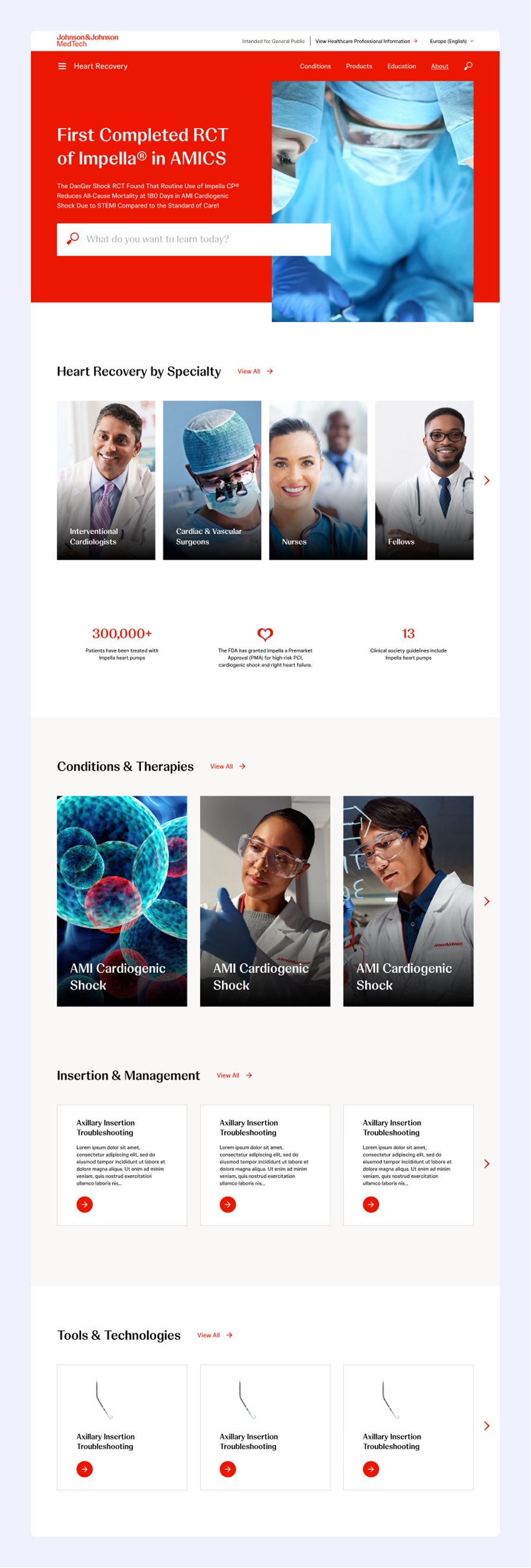 Johnson & Johnson MedTech Heart Recovery webpage showing sections on specialties, conditions, therapies, insertion and management, and tools with medical professional images and product information.