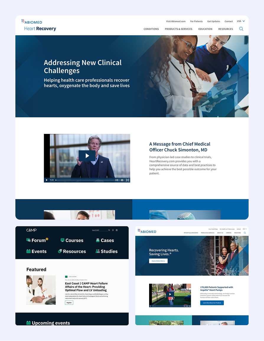 Collage of website screenshots showing healthcare professionals, clinical messages, event listings, and patient support information related to heart recovery.