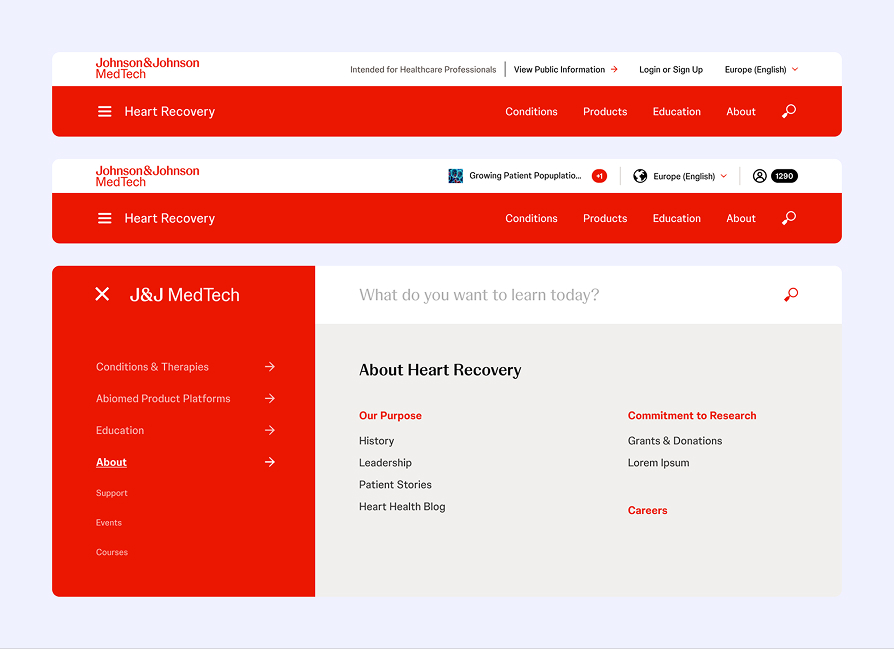 Johnson & Johnson MedTech website navigation menus showing Heart Recovery section with links for conditions, products, education, about, and a sidebar with About Heart Recovery details.