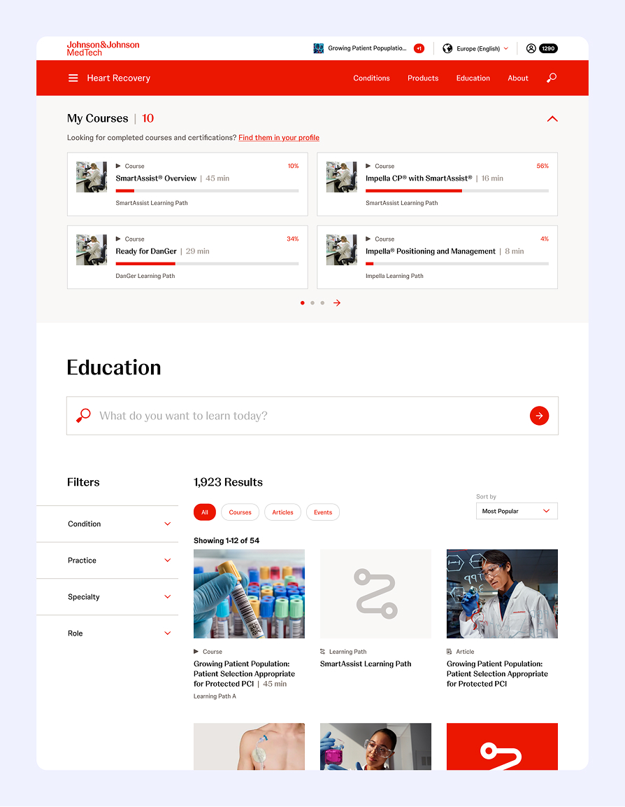 Johnson & Johnson MedTech online education portal showing My Courses with progress bars and Education section with search and filter options.