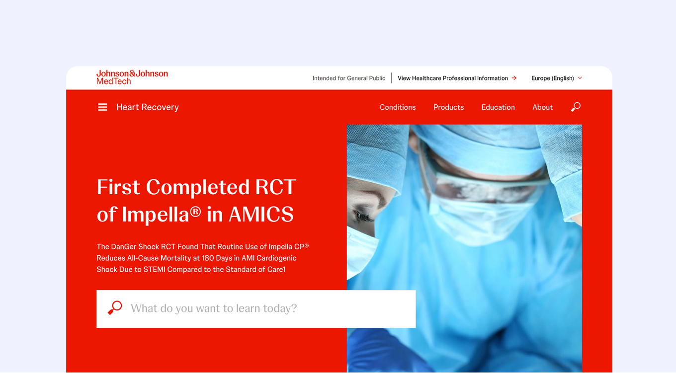 Johnson & Johnson MedTech website homepage showing headline about first completed RCT of Impella in AMICS with image of two surgeons in blue scrubs and masks.