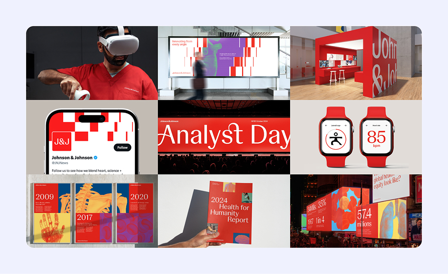 Collage of images showing Johnson & Johnson activities: a man using VR headset, a person walking past a digital display, a red booth with Johnson & Johnson branding, a Johnson & Johnson Twitter profile on a phone screen, an Analyst Day event stage, two smartwatches displaying health data, colorful health reports from 2009 to 2024, and a nighttime cityscape with illuminated health statistic billboards.