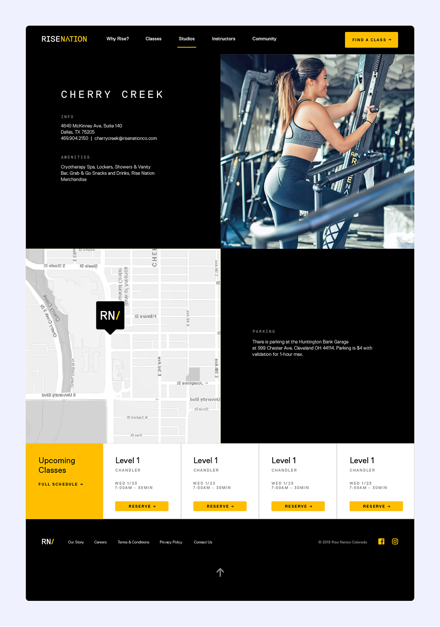 Fitness studio webpage for Rise Nation Cherry Creek showing a woman exercising on a machine, studio address, amenities, parking details, and class schedule options.