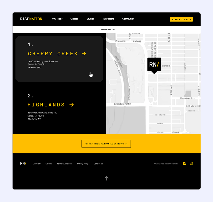 Rise Nation website showing Colorado studios Cherry Creek and Highlands with addresses and map location.