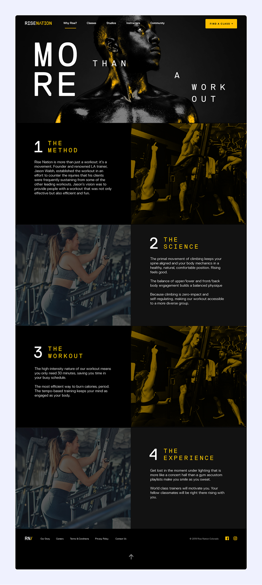 Rise Nation workout webpage highlighting four key elements: The Method, The Science, The Workout, and The Experience with images of people climbing and exercising.