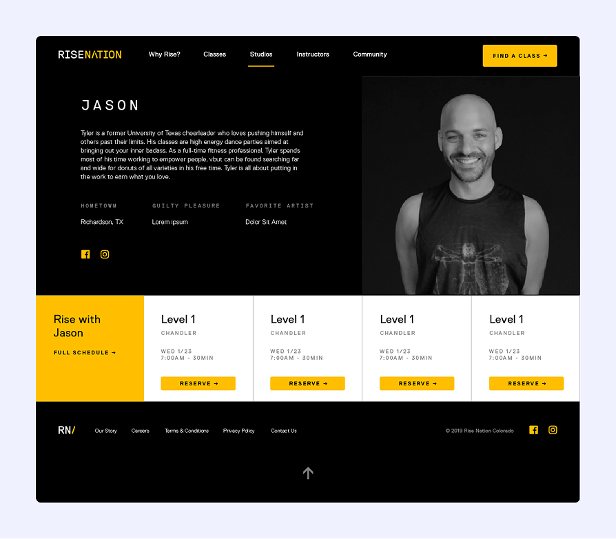 Smiling bald man wearing a sleeveless shirt on a fitness class profile page for Jason with schedule and reservation options.