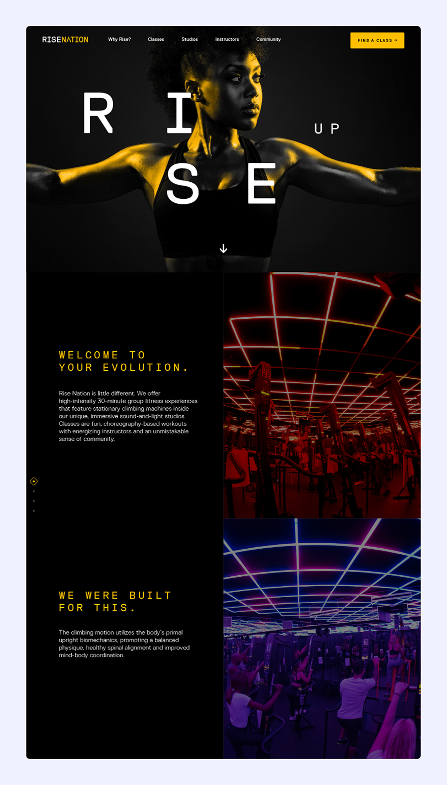 Website page showing a fit woman in workout attire with arms extended, the word 'RISE' overlayed, descriptive text about Rise Nation's 30-minute group fitness using climbing machines, and images of a studio with neon grid lighting and people exercising on climbing machines.
