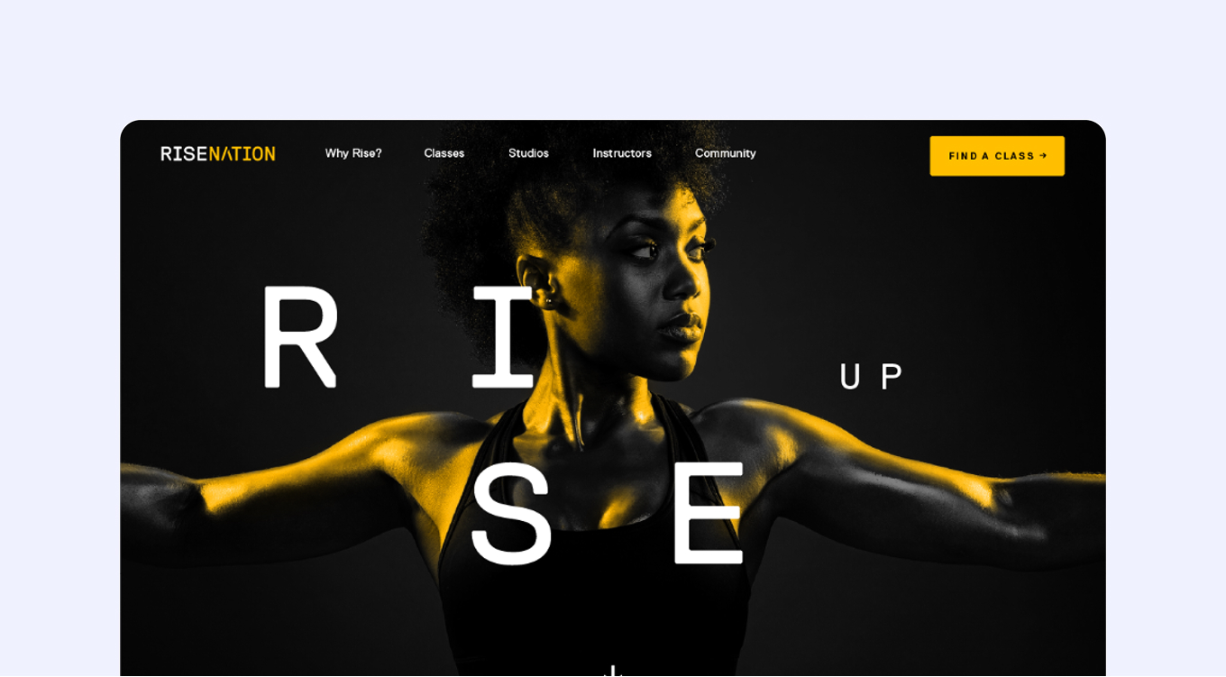 Athletic woman with arms outstretched looking to the side against a dark background with large text spelling 'RISE UP'.
