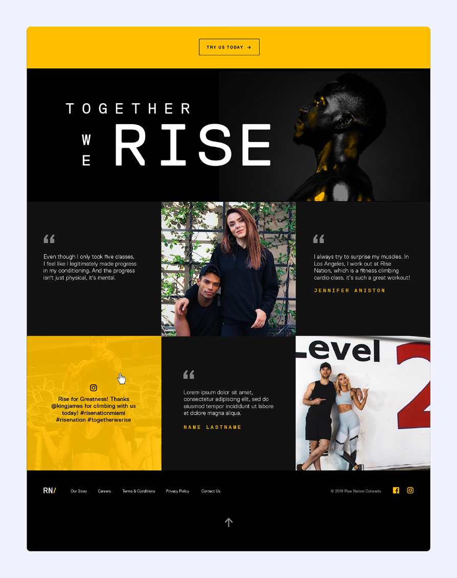 Website section with a black and yellow theme featuring a side-profile photo of a muscular man, text 'Together We Rise', testimonials, social media shout-out, and photos of pairs posing outdoors and in workout gear.