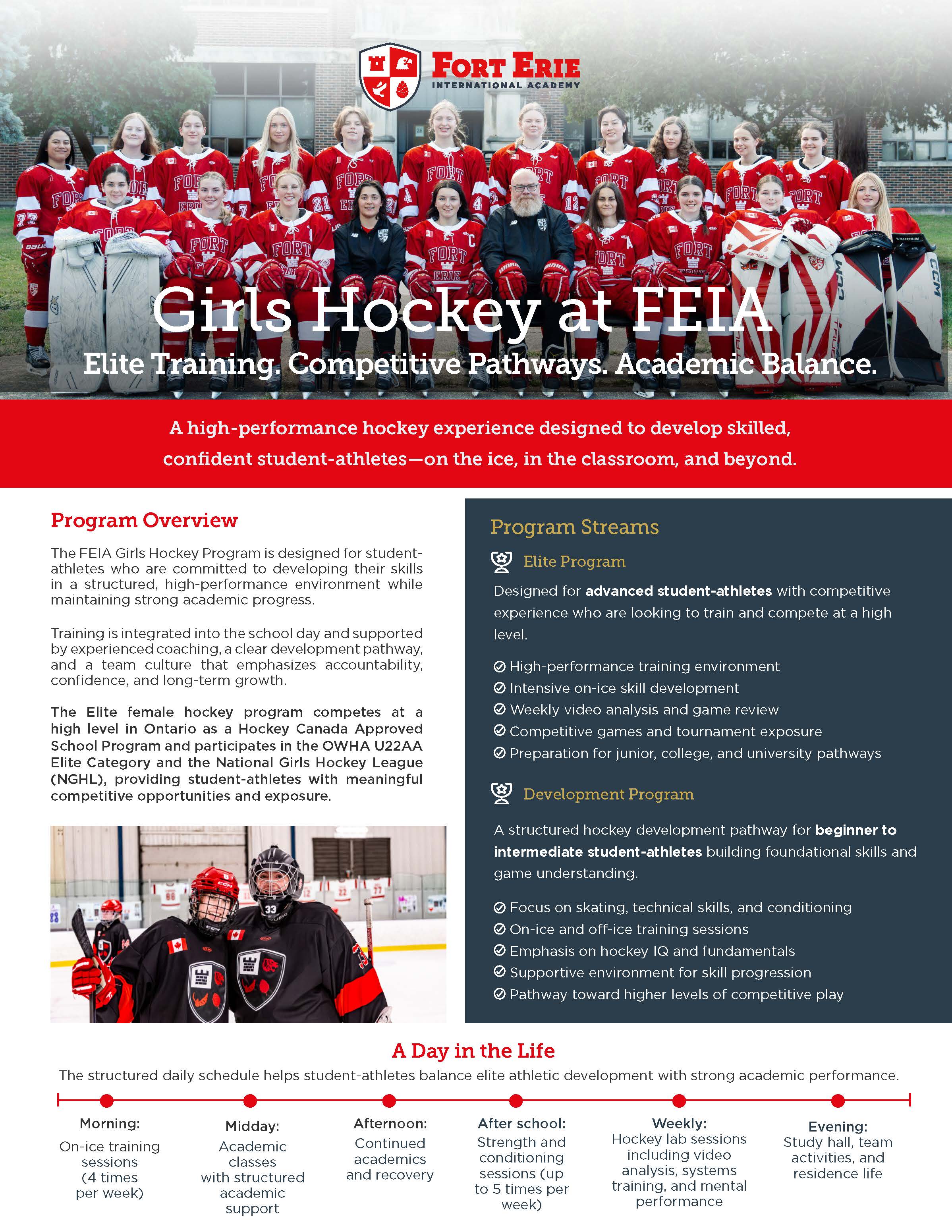 Cover of the FEIA Girls Hockey program brochure, Elite Training, Competitive Pathways, Academic Balance