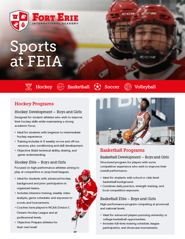 Cover of the FEIA Sports Program flyer covering hockey, basketball, soccer and volleyball