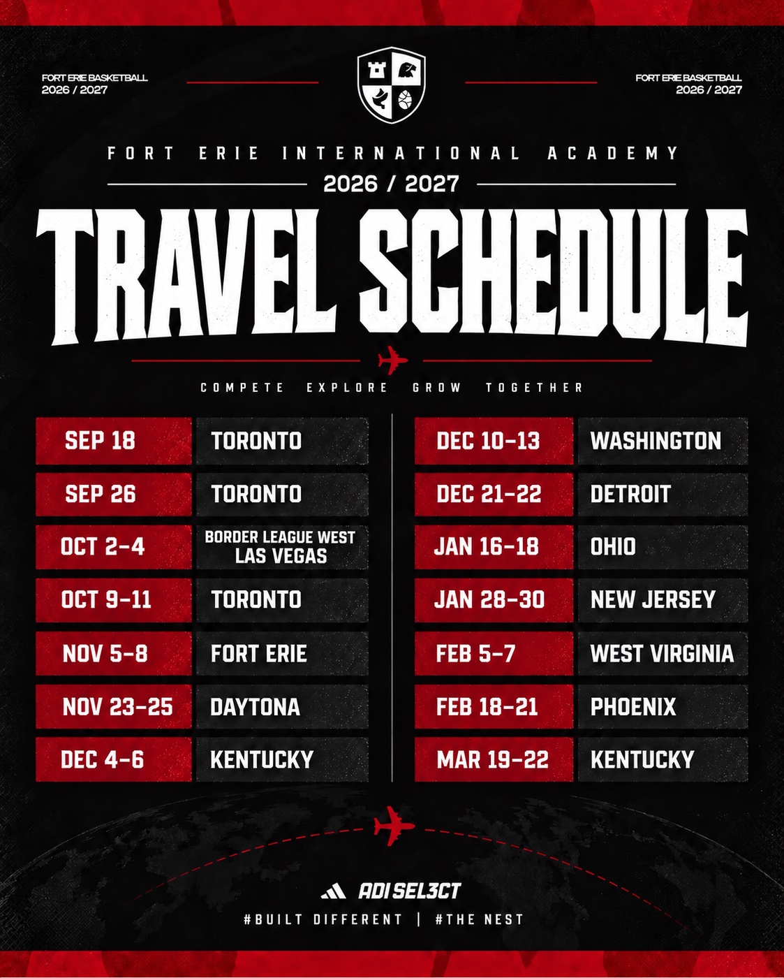 FEIA basketball 2026-2027 travel schedule: tournaments from Toronto to Las Vegas, Daytona, Phoenix and Kentucky