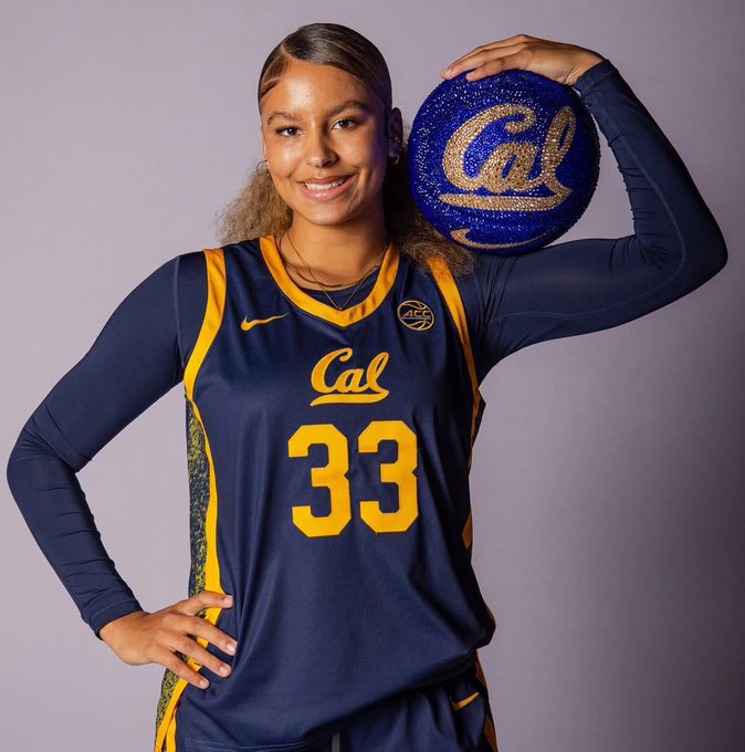 Amelia Sow in her California Golden Bears number 33 jersey, holding a Cal basketball